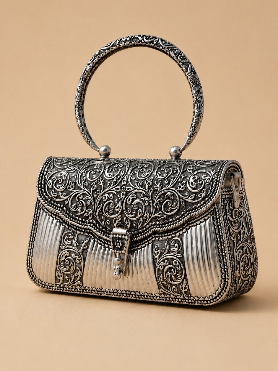 Chandrika Royale clutch shown at an angle, showing the front clasp and box-like silhouette