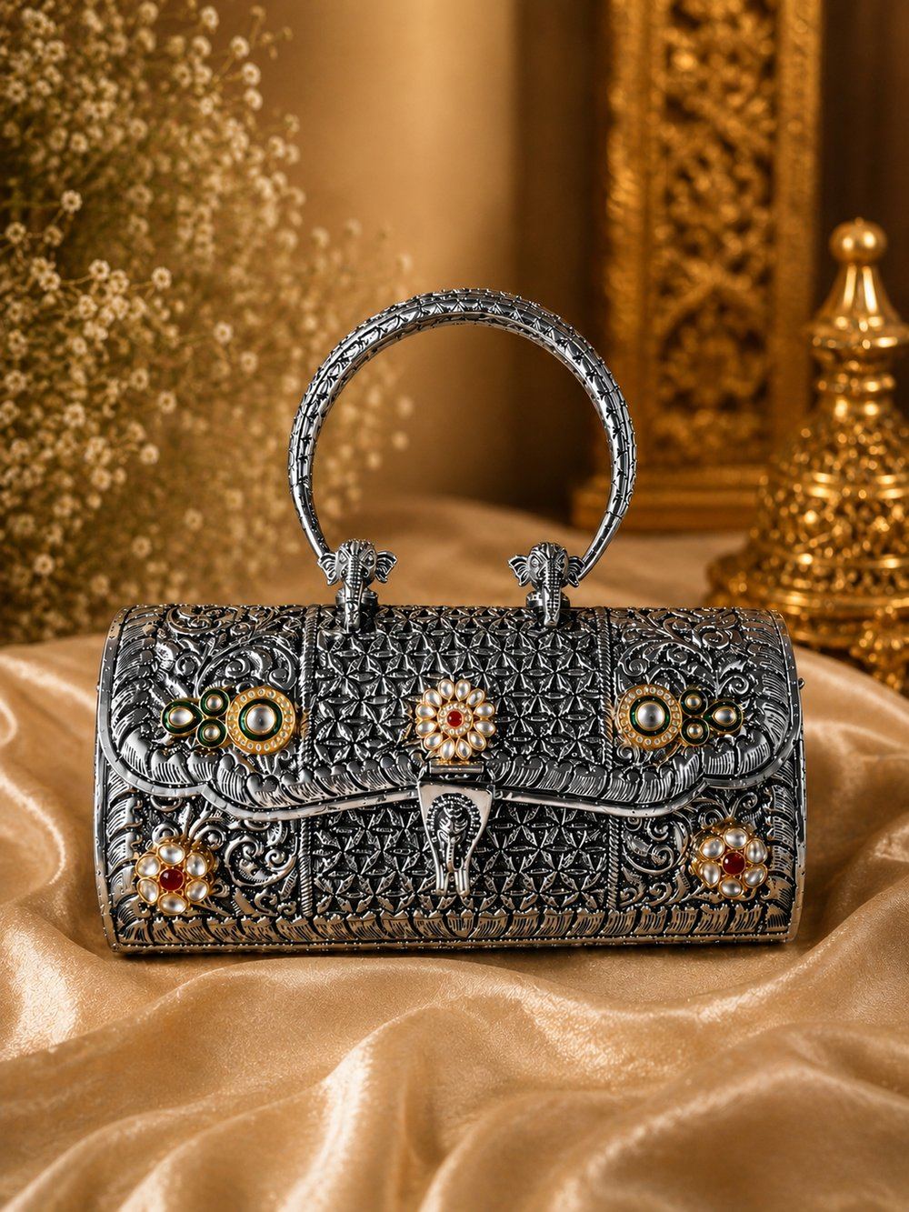 Noor-e-Raj engraved silver barrel clutch with an elephant-head handle and kundan-style stonework