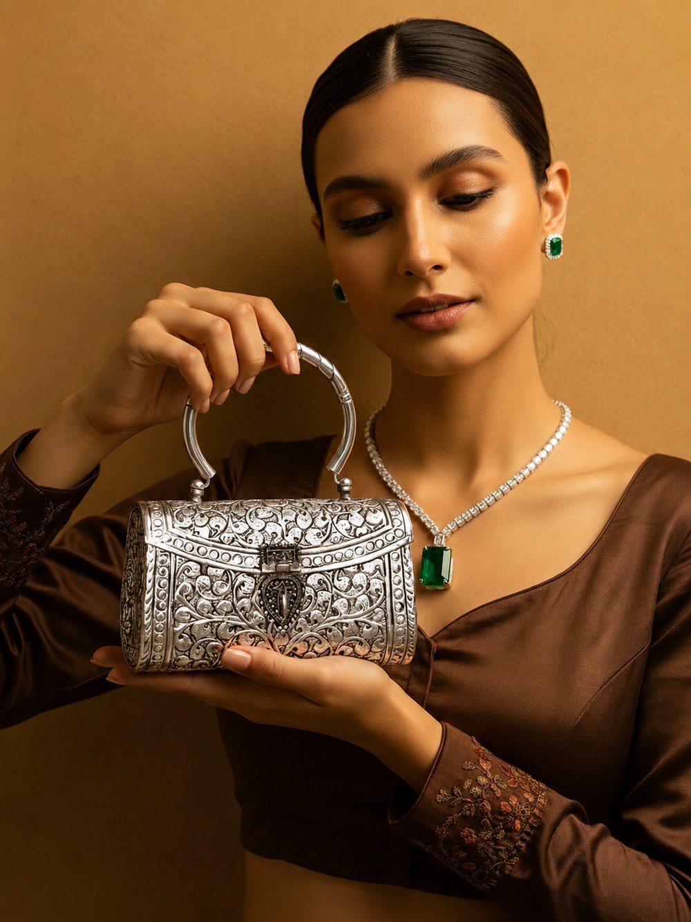 Noor Viraasat engraved silver barrel clutch with a heart-shaped clasp, held by a model in a brown embroidered outfit