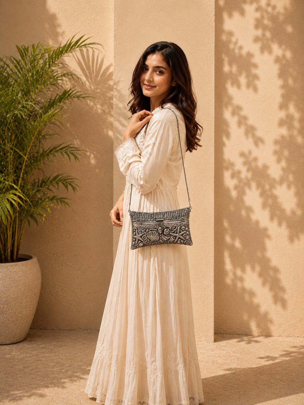 Ocean Majesty oxidized silver clutch worn crossbody on its sling chain, styled with a cream dress