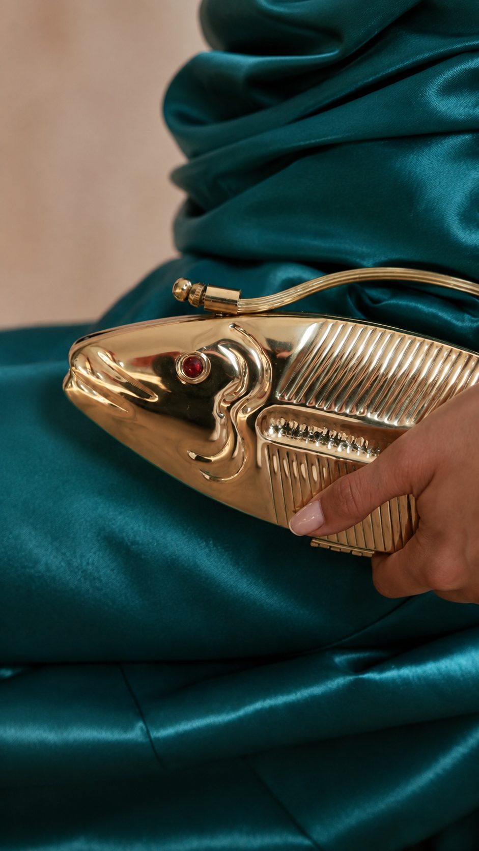 Ruby Koi clutch held close against emerald-green satin fabric, showing the pink stone eye detail